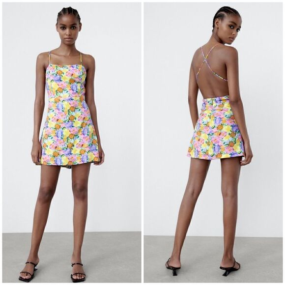Zara Yellow/Purple Multicolor Crisscross Strap Floral Boho Mini Dress XL - Picture 1 of 10